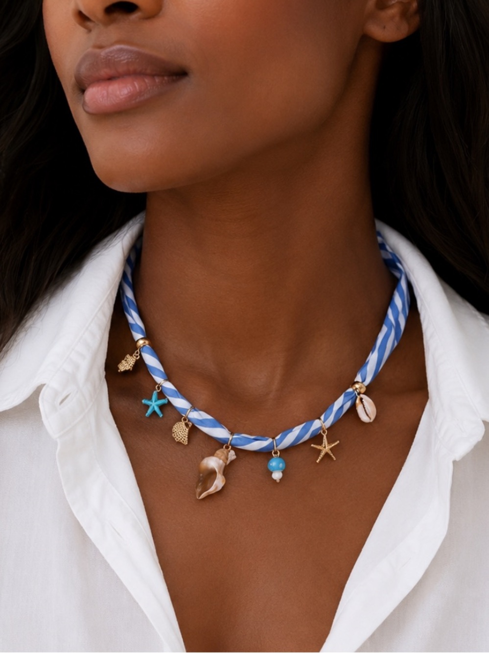 New! Preppy Coastal Blue Striped Shell Necklace NWOT 5056